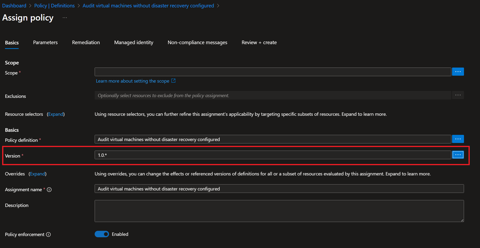 policy assignment with version